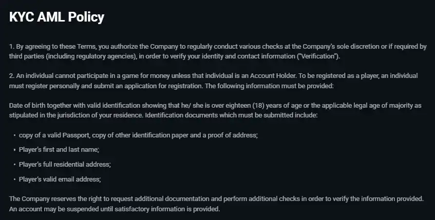 SpinsUP KYC and AML policy showing identity verification requirements