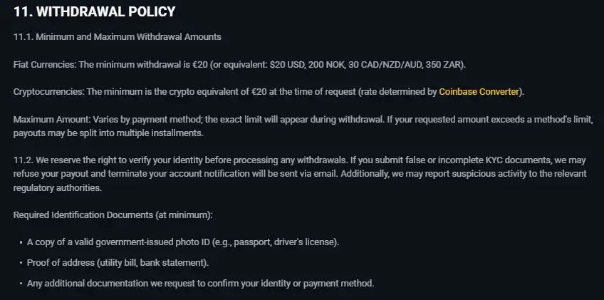 SpinsUP withdrawal terms showing current payout rules