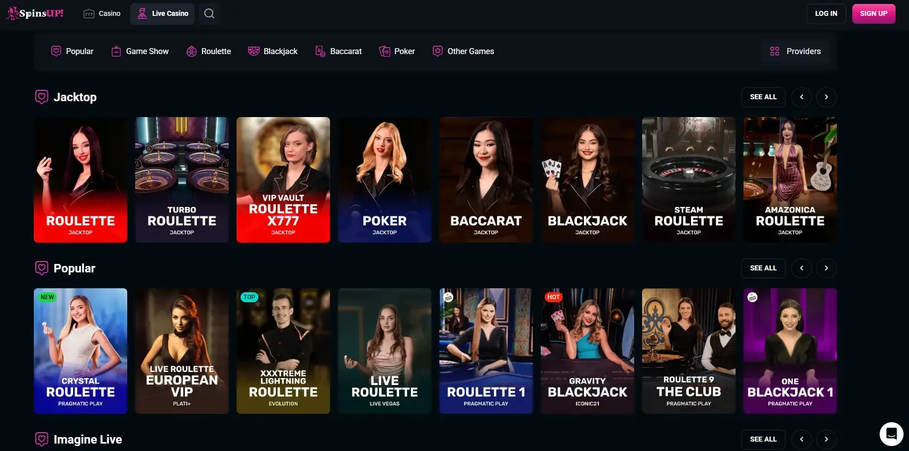 SpinsUP live casino lobby showing live table game categories