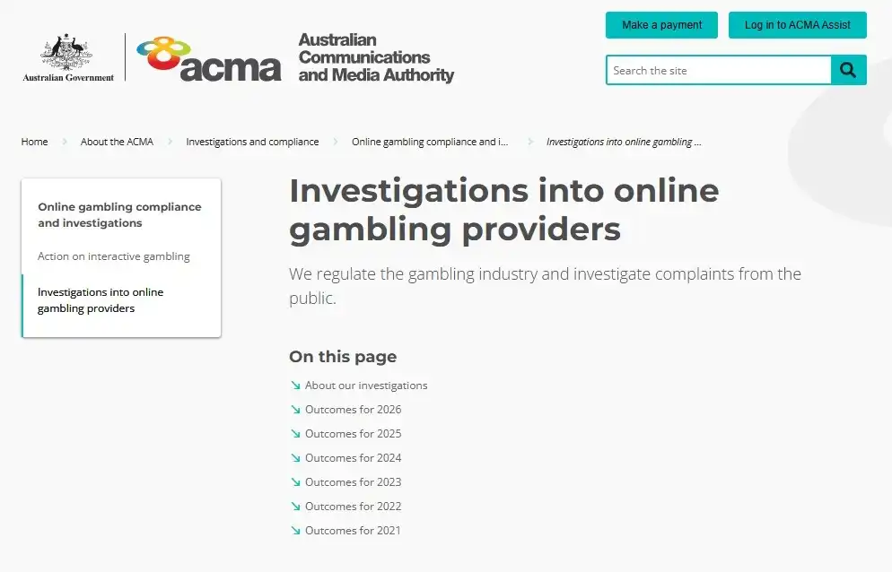 ACMA online gambling enforcement page showing Australian regulatory action on prohibited interactive gambling services