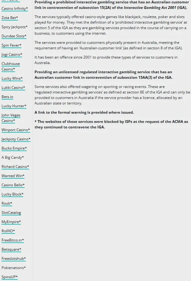 ACMA material showing SpinsUP in 2024 prohibited-service outcomes